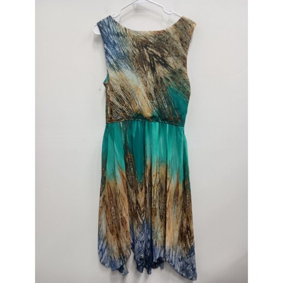 Rabbit Rabbit Rabbit Designs Womens Asymmetric Midi Dress Sz 14 Teal Brown Artsy - Picture 8 of 8